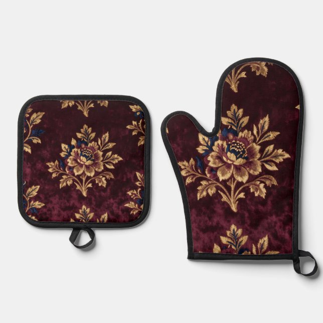 Ensemble De Gant De Cuisine Et De Manique Burgundy Velvet Peony Gold Embroidery Floral  (Recto)