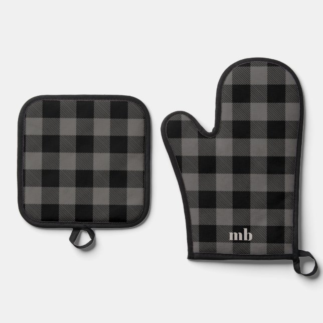 Ensemble De Gant De Cuisine Et De Manique Cabine rustique noir Buffalo Motif plaid (Recto)