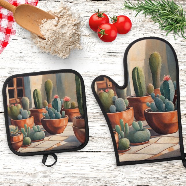 Ensemble De Gant De Cuisine Et De Manique Cactus Succulent Plante Cactus Botanique (An oven mitt and pot holder set with illustration of cactus plants in pots. Ideal for cacti lovers)