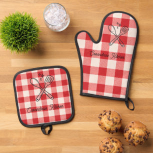 Ensemble De Gant De Cuisine Et De Manique Cadeau personnalisé rouge et blanc à carreaux