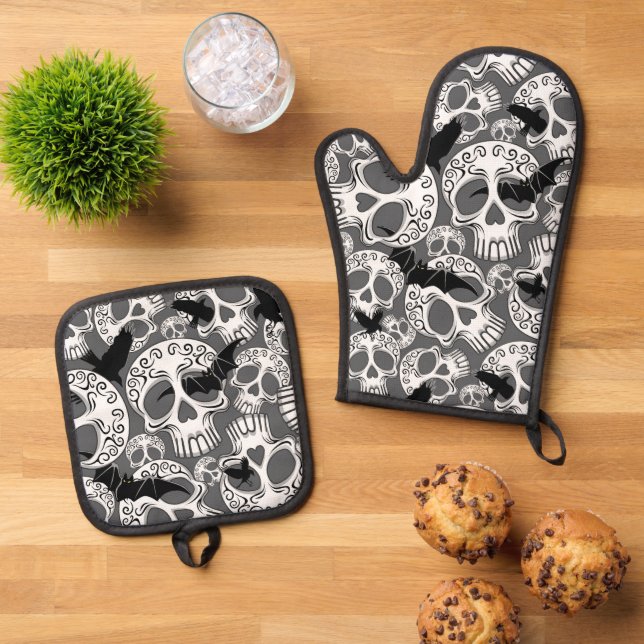 Ensemble De Gant De Cuisine Et De Manique Calaveras décoratives Halloween (De haut en bas)
