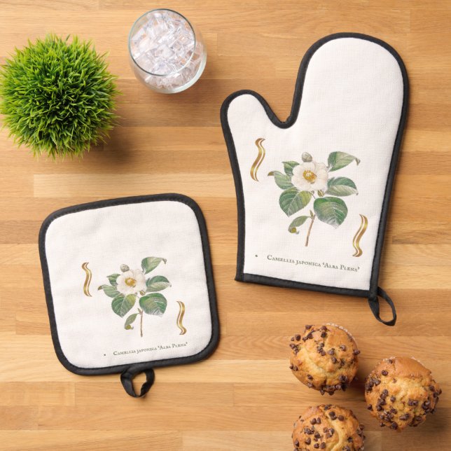 Ensemble De Gant De Cuisine Et De Manique Camelia blanc (De haut en bas)