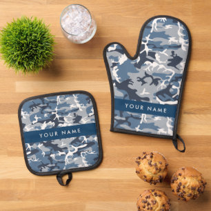 Ensemble De Gant De Cuisine Et De Manique Camouflage bleu neige d'hiver Votre nom Personnali