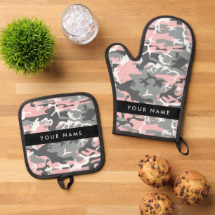 Ensemble De Gant De Cuisine Et De Manique Camouflage rose et gris Votre nom Personnalisez
