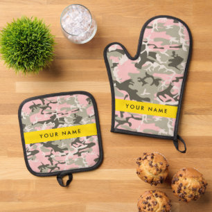 Ensemble De Gant De Cuisine Et De Manique Camouflage rose et vert Votre nom Personnalisez