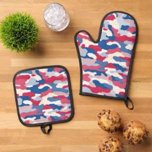 Ensemble De Gant De Cuisine Et De Manique Camouflage rouge blanc et bleu