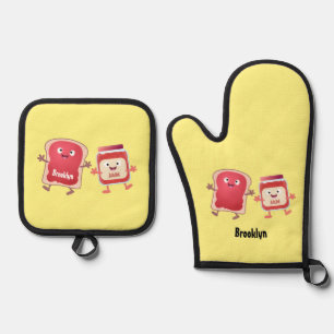 Ensemble De Gant De Cuisine Et De Manique Caractères de dessins animés sur le pain et la con
