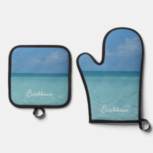 Ensemble De Gant De Cuisine Et De Manique Caraïbes Horizon Tropical Turquoise Bleu