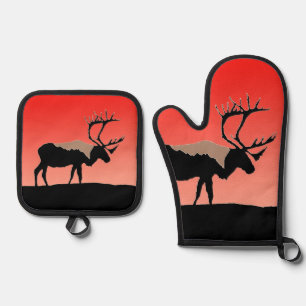 Ensemble De Gant De Cuisine Et De Manique Caribou au coucher du soleil - Art animalier origi
