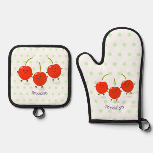 Ensemble De Gant De Cuisine Et De Manique Caricature de cerises rouges à sauter mûr