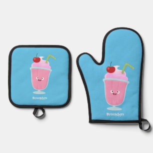 Ensemble De Gant De Cuisine Et De Manique Caricature de crème glacée de fraise mignonne