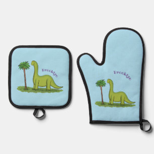 Ensemble De Gant De Cuisine Et De Manique Caricature de dinosaure de brontosaurus vert migno