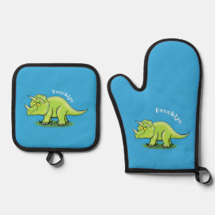 Ensemble De Gant De Cuisine Et De Manique Caricature de dinosaure de triceratops vert mignon