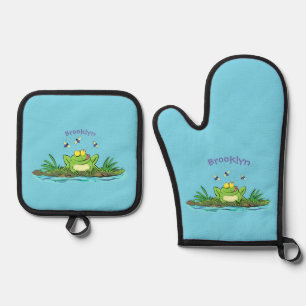 Ensemble De Gant De Cuisine Et De Manique Caricature de grenouille vert mignon