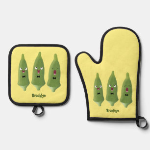 Ensemble De Gant De Cuisine Et De Manique Caricature de légumes de l'okra chantante mignonne