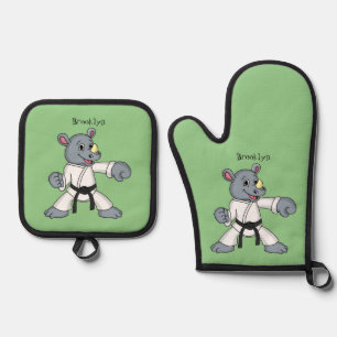 Ensemble De Gant De Cuisine Et De Manique Caricature de rhino kung fu