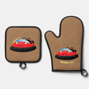 Ensemble De Gant De Cuisine Et De Manique Caricature d'hovercraft rouge joyeux