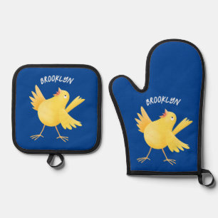 Ensemble De Gant De Cuisine Et De Manique Caricature d'oiseau canari jaune chantant mignon
