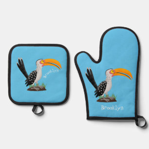 Ensemble De Gant De Cuisine Et De Manique Caricature d'oiseau de safari de barbecue jaune am