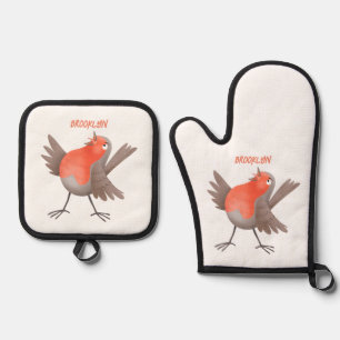 Ensemble De Gant De Cuisine Et De Manique Caricature d'oiseau rouge chantant mignon