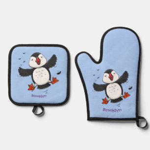 Ensemble De Gant De Cuisine Et De Manique Caricature en bleu bouffin joyeux