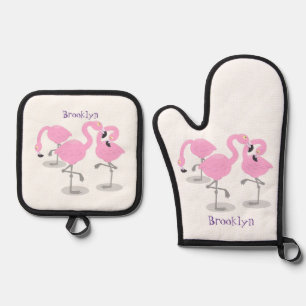 Ensemble De Gant De Cuisine Et De Manique Caricature en trio flamand rose mou