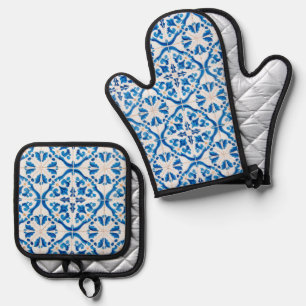 Ensemble De Gant De Cuisine Et De Manique Carrelage Bleu Méditerranéen Motif - Elégant Azule