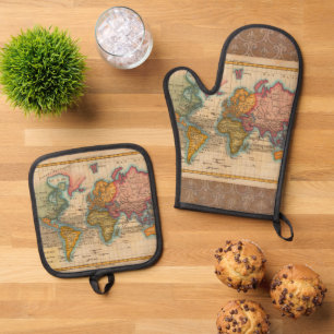 Ensemble De Gant De Cuisine Et De Manique Carte du Monde 1780 Bonne Antique Planisphère