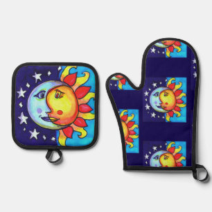 Ensemble De Gant De Cuisine Et De Manique Céleste Sun Moon années 90 Artsy Motif