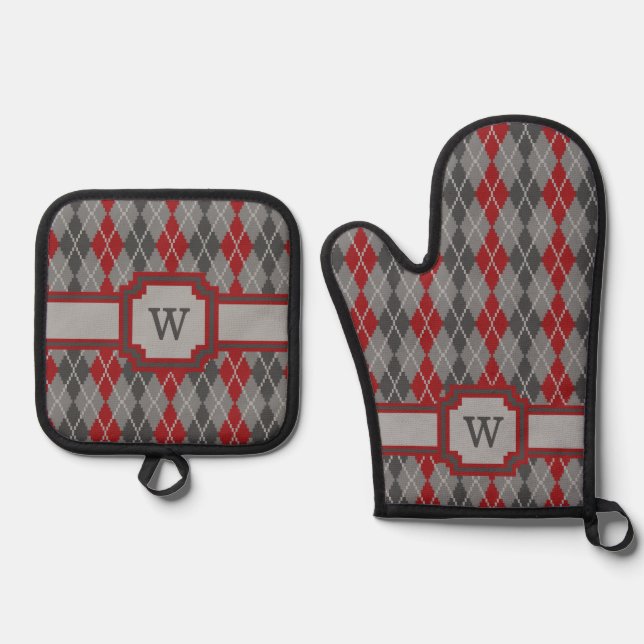 Ensemble De Gant De Cuisine Et De Manique Cendres et Braises Argyle (Recto)