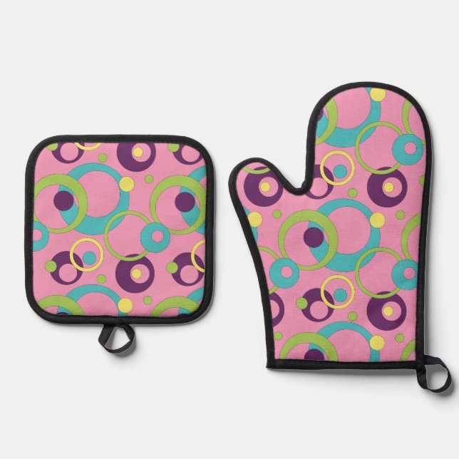 Ensemble De Gant De Cuisine Et De Manique Cercles roses funky (Recto)