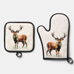 Ensemble De Gant De Cuisine Et De Manique Cerf énorme avec un bois démesuré