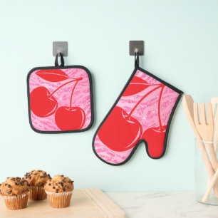 Ensemble De Gant De Cuisine Et De Manique Cerises Zèbres Pailletées Rose Rouge