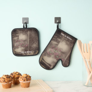 Ensemble De Gant De Cuisine Et De Manique Chaise vintage Fleur Jardin Personnalisé