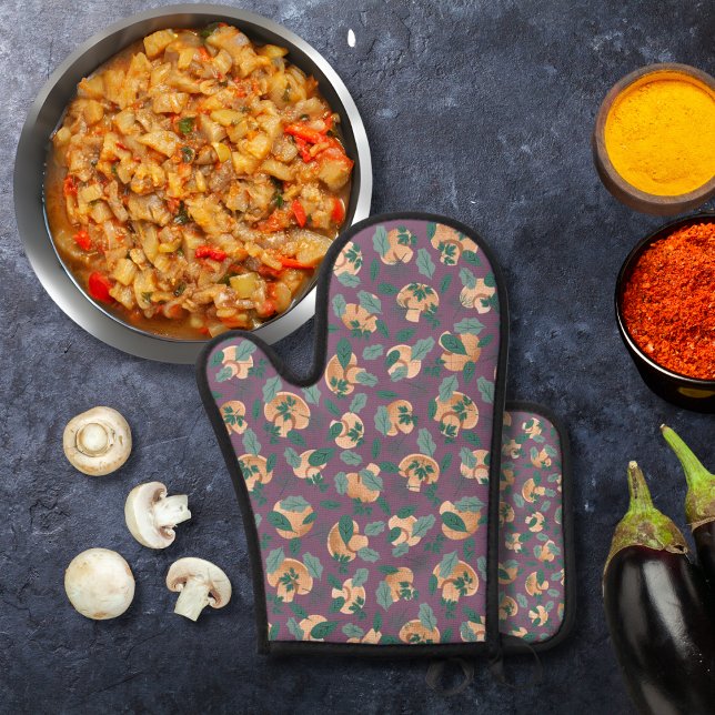 Ensemble De Gant De Cuisine Et De Manique Champignons et verdure feuillus violet (Créateur téléchargé)