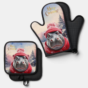 Ensemble De Gant De Cuisine Et De Manique Chapeau et écharpe de Noël Hippo