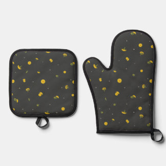 Ensemble De Gant De Cuisine Et De Manique Charcoal Japanese Dandelion Floral Pattern