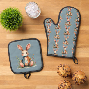 Ensemble De Gant De Cuisine Et De Manique Chariot de lapin de chaume en gros bois