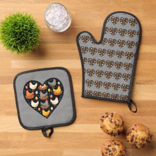 Ensemble De Gant De Cuisine Et De Manique Charme rustique Cottagecore Motif de poulet de fer