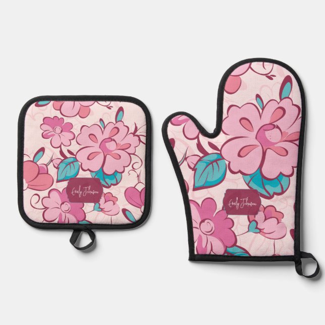 Ensemble De Gant De Cuisine Et De Manique Charming Pink Flower Kitchen Custom Name (Recto)