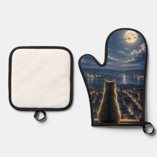 Ensemble De Gant De Cuisine Et De Manique Chat au Clair de Lune Regardant la Fenêtre de la N