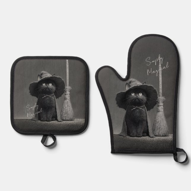 Ensemble De Gant De Cuisine Et De Manique Chat de sorcière simplement magique (Recto)