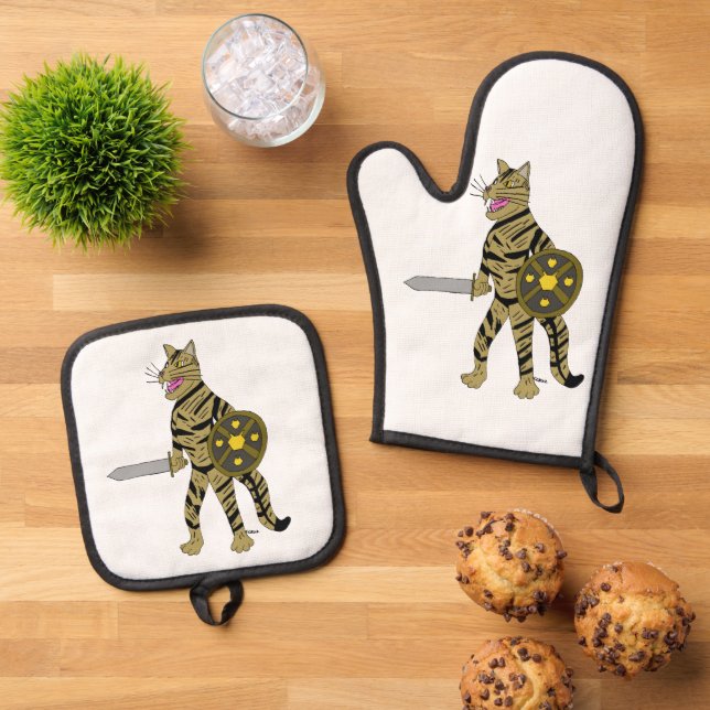 Ensemble De Gant De Cuisine Et De Manique Chat guerrier (De haut en bas)