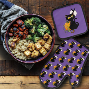 Ensemble De Gant De Cuisine Et De Manique Chat noir mignon violet effrayant Halloween Citrou
