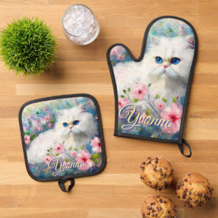 Ensemble De Gant De Cuisine Et De Manique Chat Persan Yeux Bleus dans des Fleurs Roses Perso