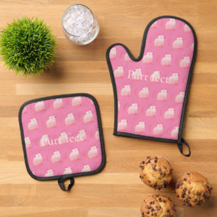 Ensemble De Gant De Cuisine Et De Manique Chat rose