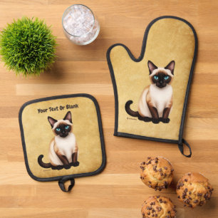 Ensemble De Gant De Cuisine Et De Manique Chat Siamois Sur Vieux Papier