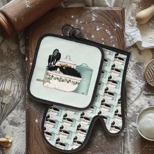 Ensemble De Gant De Cuisine Et De Manique Chat smoking en smoking vintage rétro cuisine aqua