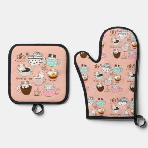 Ensemble De Gant De Cuisine Et De Manique Chats dans des tasses à café