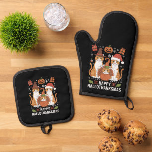 Ensemble De Gant De Cuisine Et De Manique Chats Joyeux Hallothanksmas Halloween Noël 